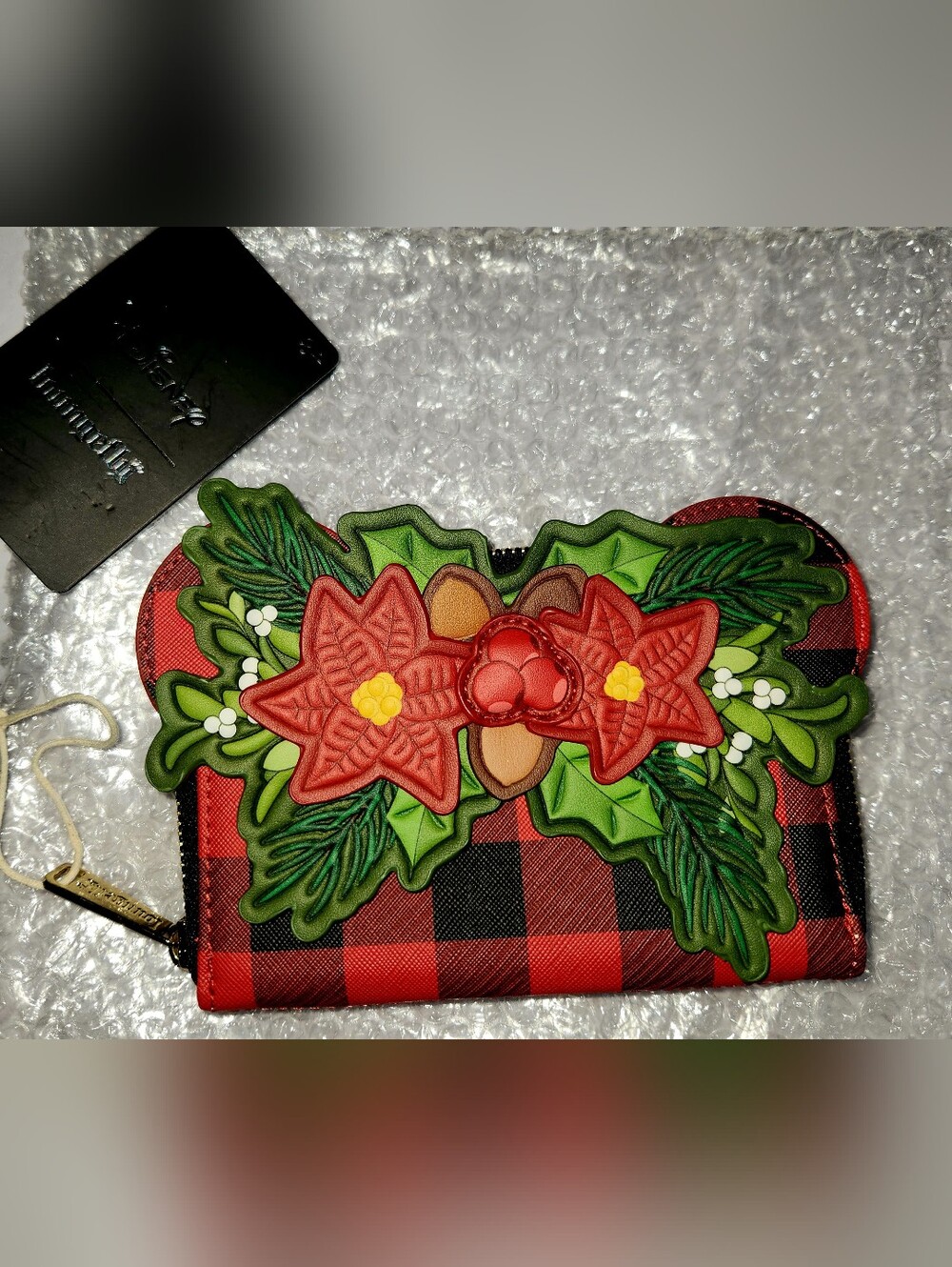 Loungefly Red & Black Buffalo Plaid Wallet with Festive Floral Appliqué